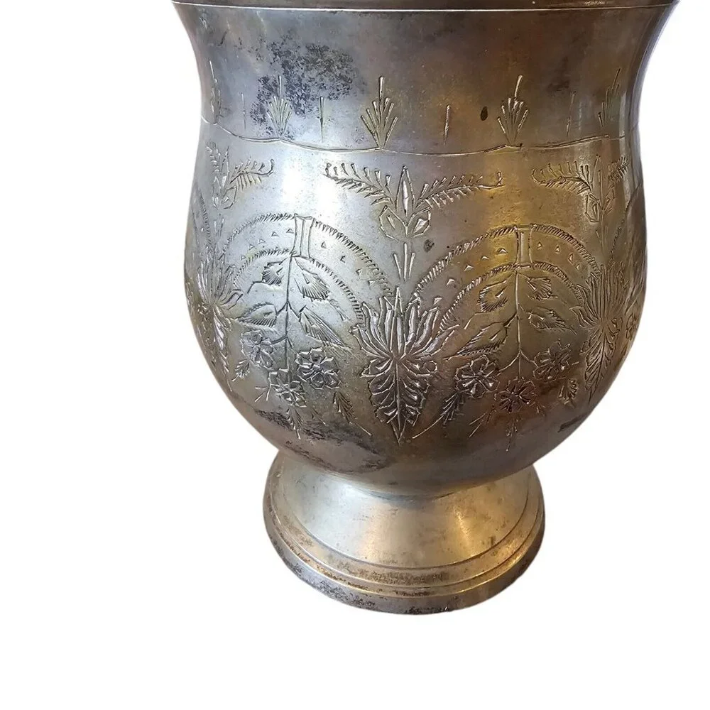 Vintage Etched Silver Plated Deco Bowl Vase With Handle Floral Design Art Nouvea